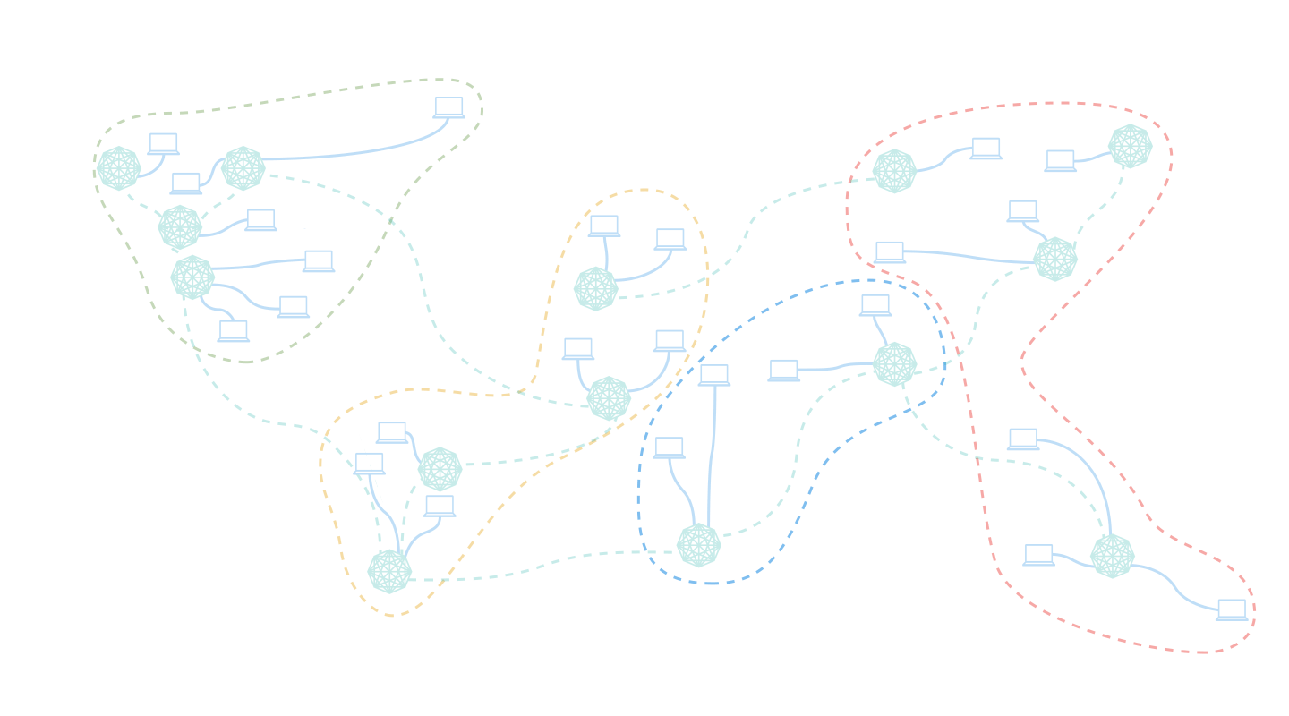 Illustration of a decentralized network of connected devices grouped into color-coded regional clusters