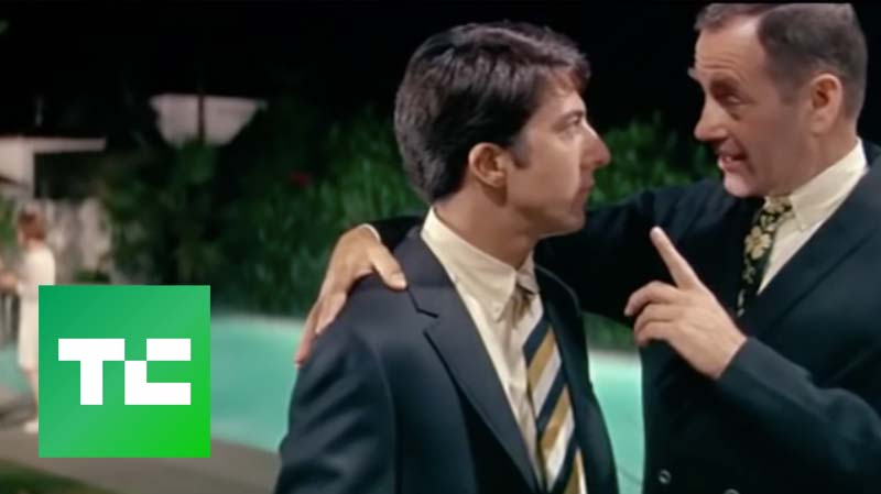 TechCrunch still from The Graduate illustrating the 'plastics' line, referencing crypto tokens